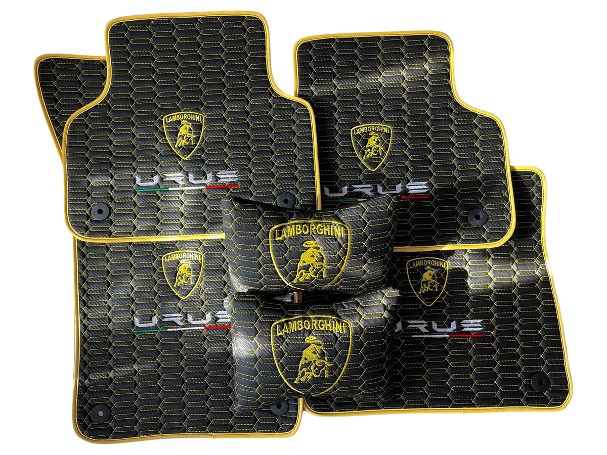 Lamborghini URUS Leather Car Floor Mat + Trunk Mat Full Set + 2 Pcs Lumbar Pillow, Waterproof Custom Car Mat