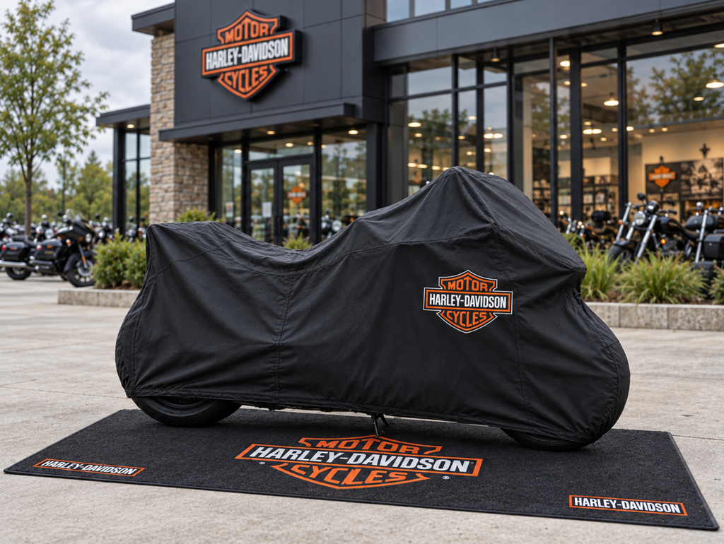 Harley Davidson Motorcycle Rug & Cover BUNDLE – Choose Indoor or Outdoor Cover