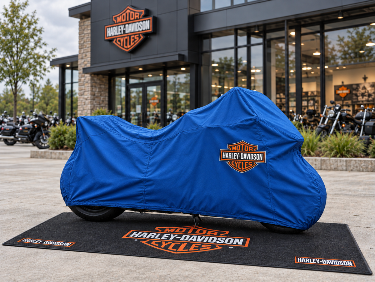 Harley Davidson Motorcycle Rug & Cover BUNDLE – Choose Indoor or Outdoor Cover