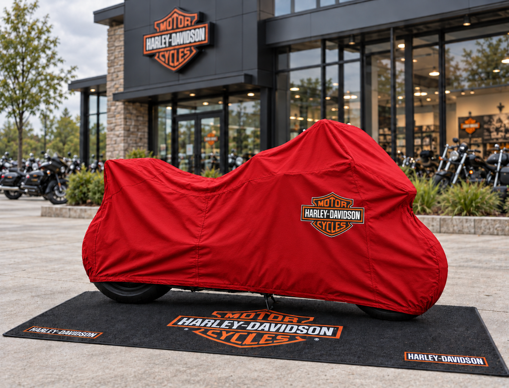 Harley Davidson Motorcycle Rug & Cover BUNDLE – Choose Indoor or Outdoor Cover