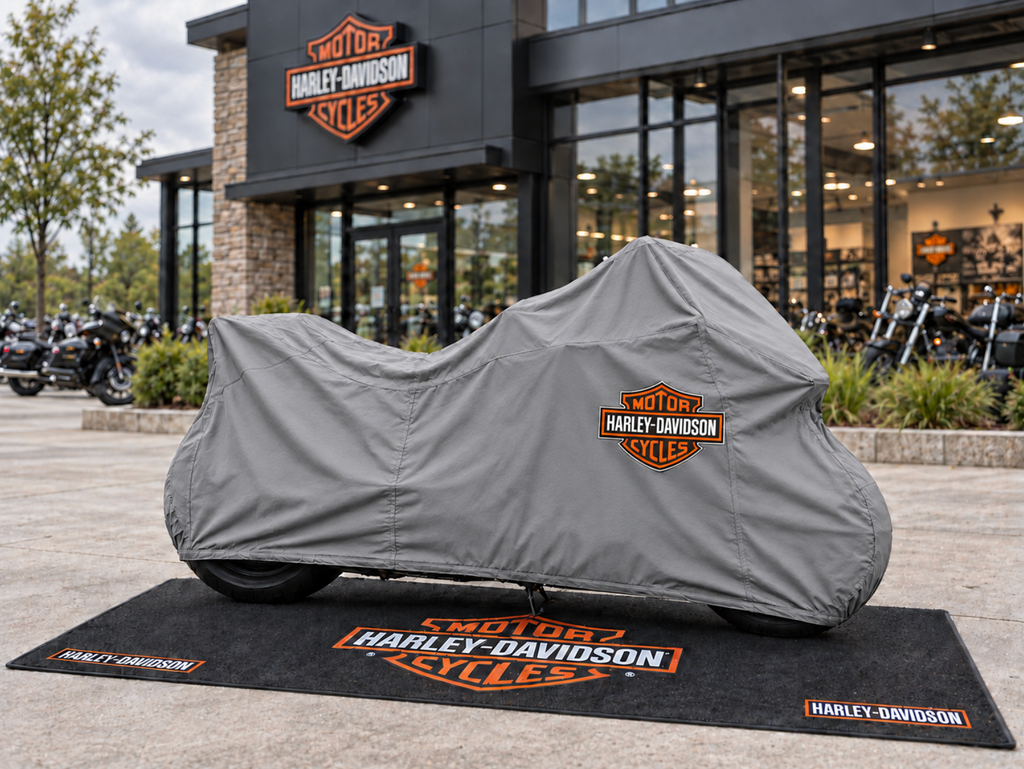 Harley Davidson Motorcycle Rug & Cover BUNDLE – Choose Indoor or Outdoor Cover